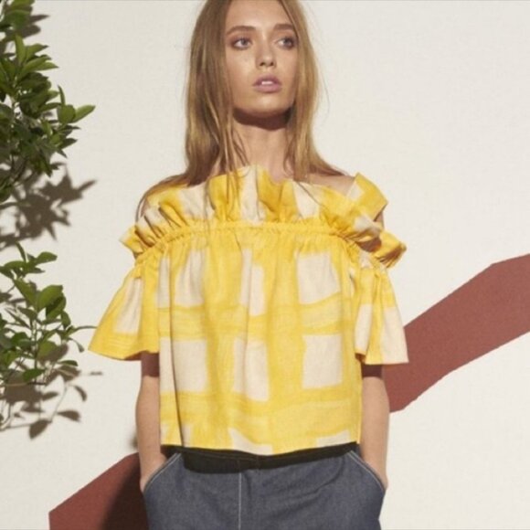 Anthropologie Whit Yellow Mariposa Top 100% Linen Size Large Gingham‎ Bohemian L - Picture 10 of 12